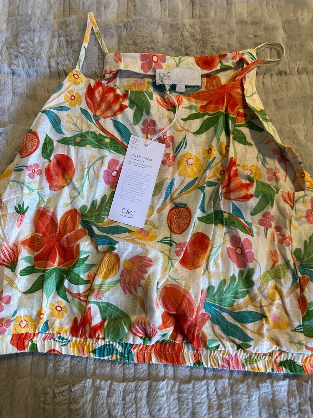 Joie Linen Tank with Orange & Green Floral Crochet